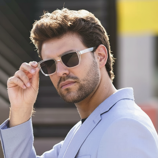 Man adjusting sunglasses with a blurred background