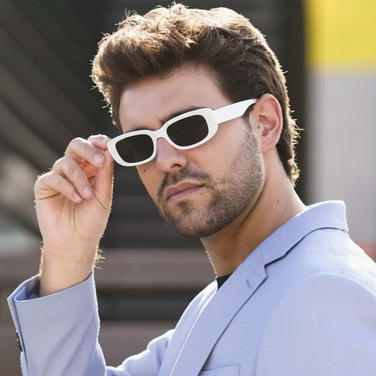 Man holding white sunglasses with a blurred background